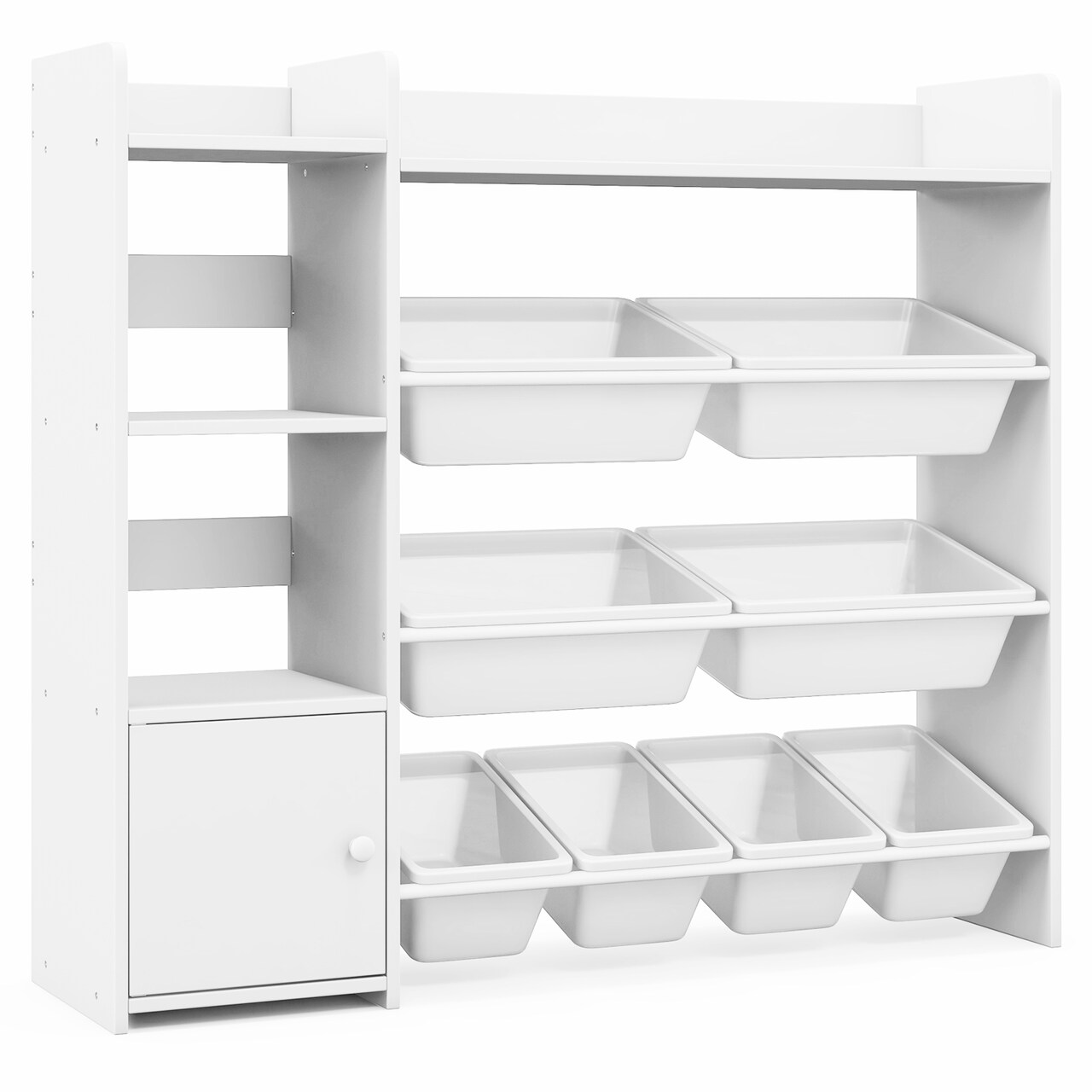 3-in-1 Kids Toy Storage Organizer with Bookshelf & Cabinet – Gray Multi-Bin Rack with 8 Plastic Bins